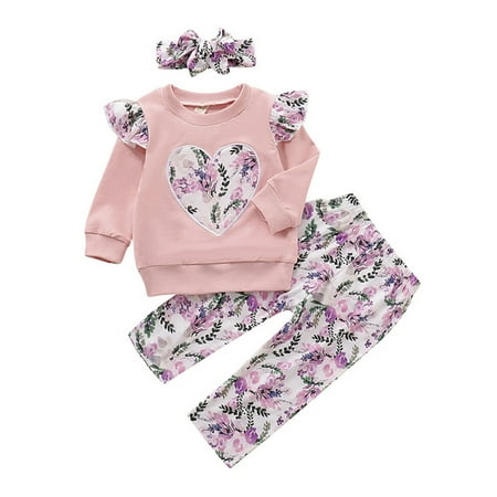 

LAPAKIDS 3PCS Toddler Baby Girl Outfits Clothes Floral Tops Pants Headband Sets 12-18 Months