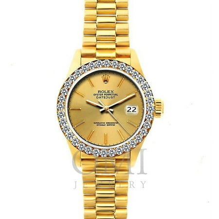 18k Yellow Gold Rolex Datejust Diamond Watch, 26mm, President Bracelet Yellow Gold Dial w/ Diamond Bezel, Rolex, Adult, Female