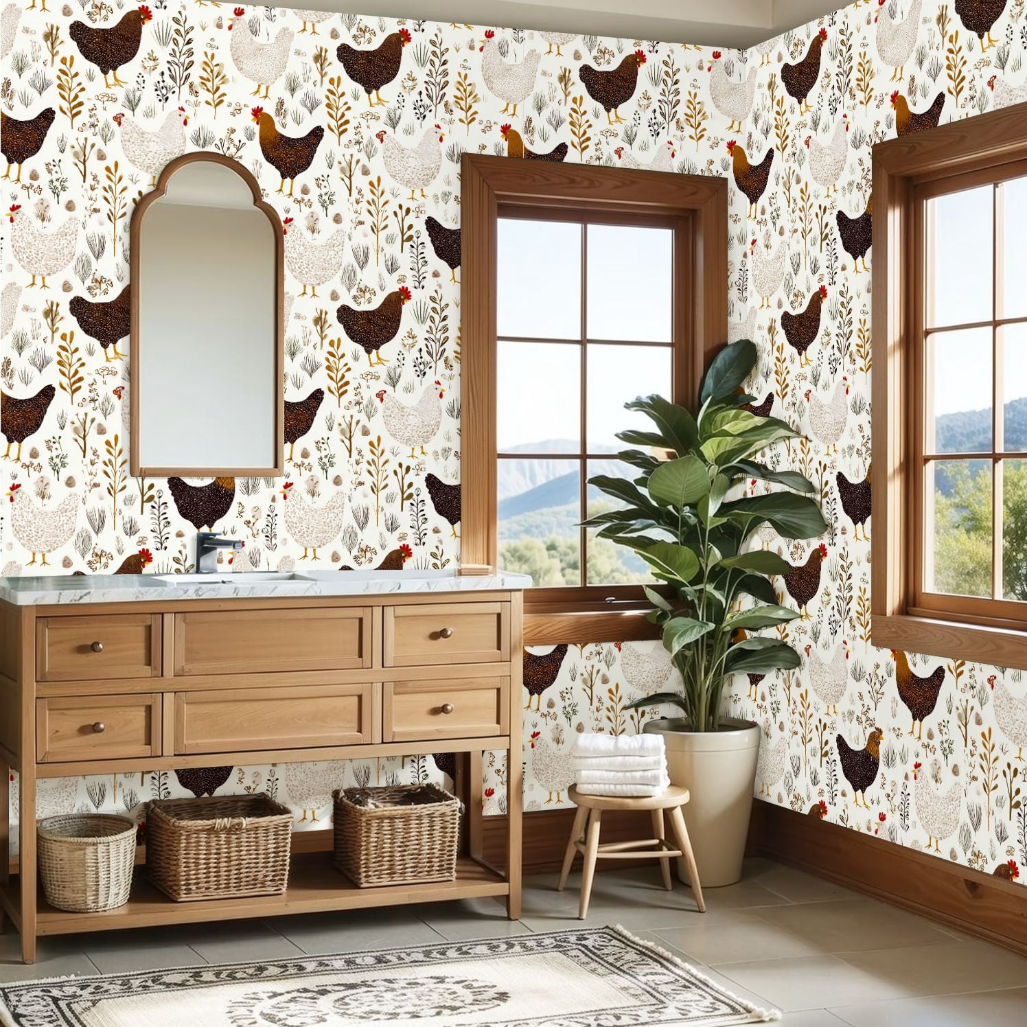 Peel and Stick Wallpaper Floral cute cartoon chicken white Wall Mural 23.6in x 9.8ft Self Adhesive Removable Wall Paper Renter Friendly Wallpaper for Bedroom Nursery