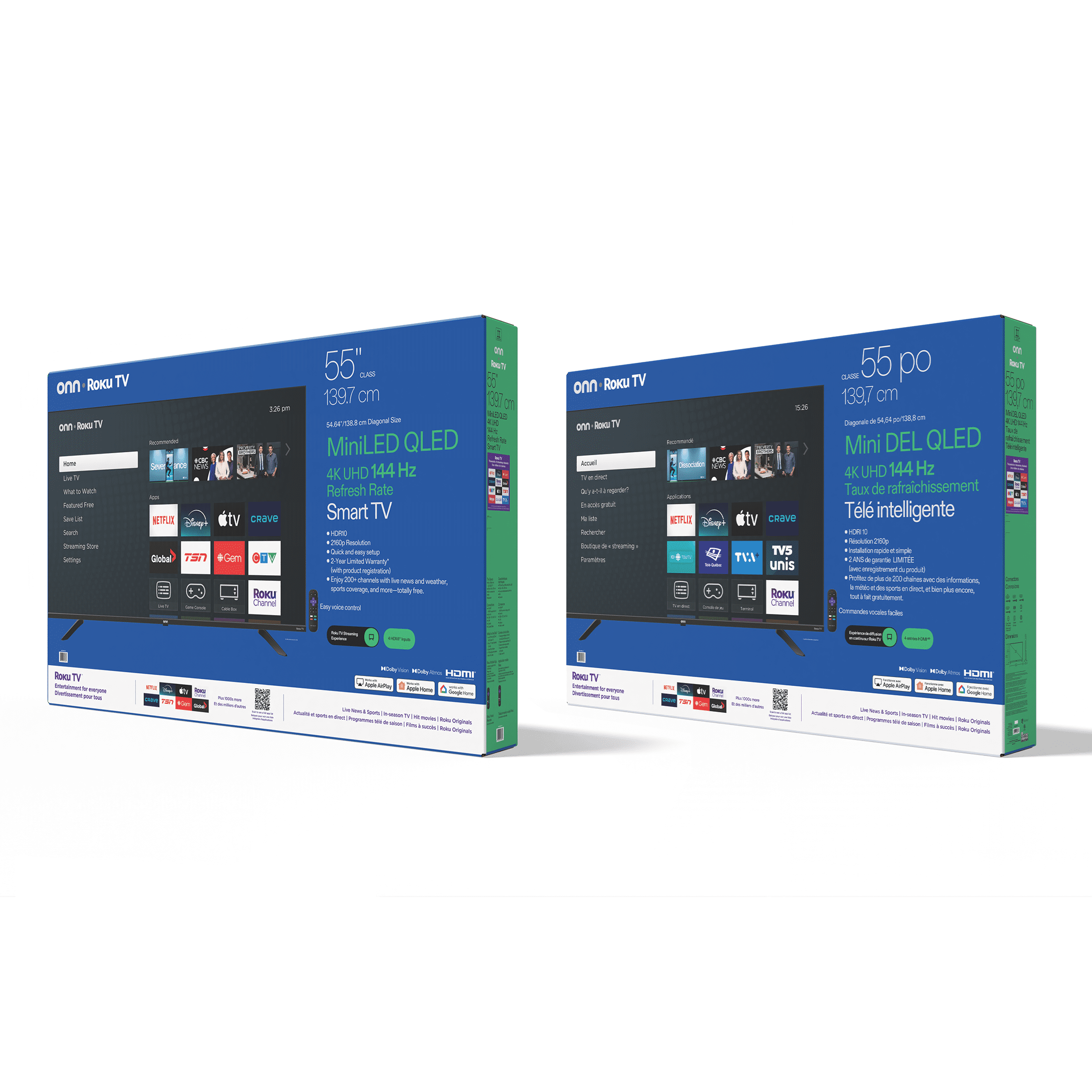 Téléviseur intelligent Roku QLED Mini-DEL 4K UHD de 139,7 cm (55 po) onn, ONB25MNR55-CA, 3 HDMI, 144 Hz