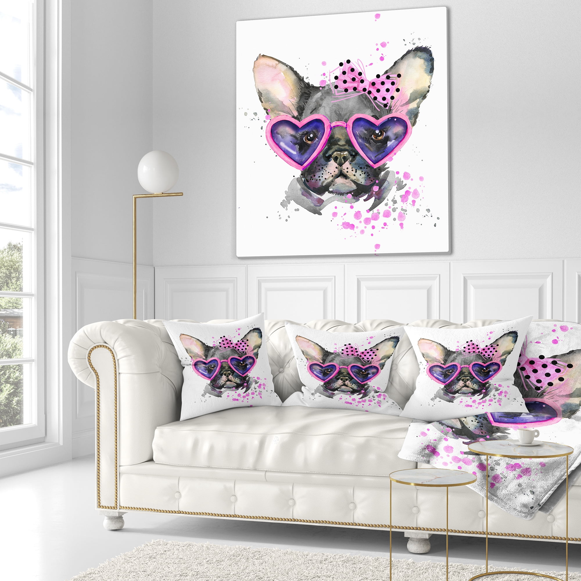 Designart Cute Dog with Pink Glasses - Animal Throw Pillow - 18x18