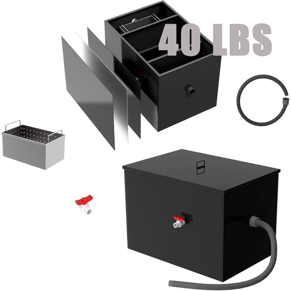 Commercial Grease Trap, 40 LBS Grease Interceptor, Side Inlet Interceptor, Under Sink Carbon Steel Grease Trap, 15.2 GPM Waste Water Oil-water Separator, for Restaurant Canteen Home Kitchen