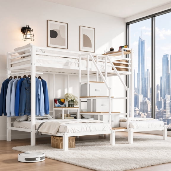 Triple Twin Bunk Bed with Storage Stair Drawers, Heavy Duty Metal Frame for 3 Sleepers, No Box Spring Needed, White