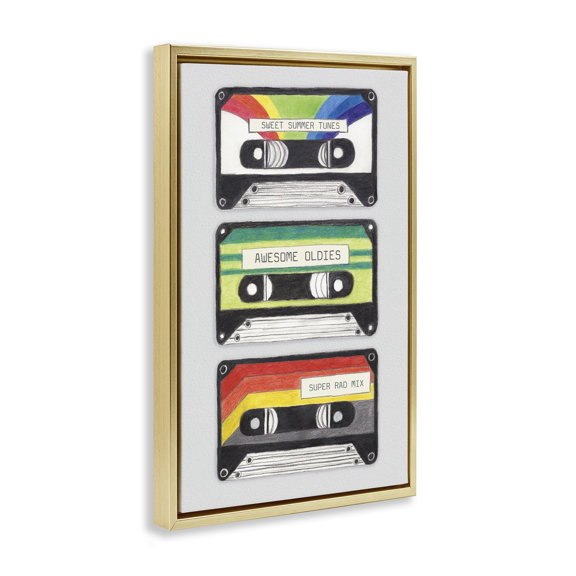 Stupell Industries Retro Cassette Tapes Performing Arts Painting Gold Floater Framed Art Print Wall Art, 21 x 31