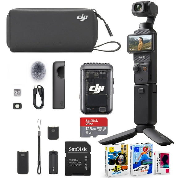 DJI Osmo Pocket 3 Creator Combo Bundle with Clip-On Transmitter/Recorder, Wide Angle Lens, Battery Handle, Mini Tripod, Carrying Bag   128GB Micro SD Card, Photo/Video Editor Software Package