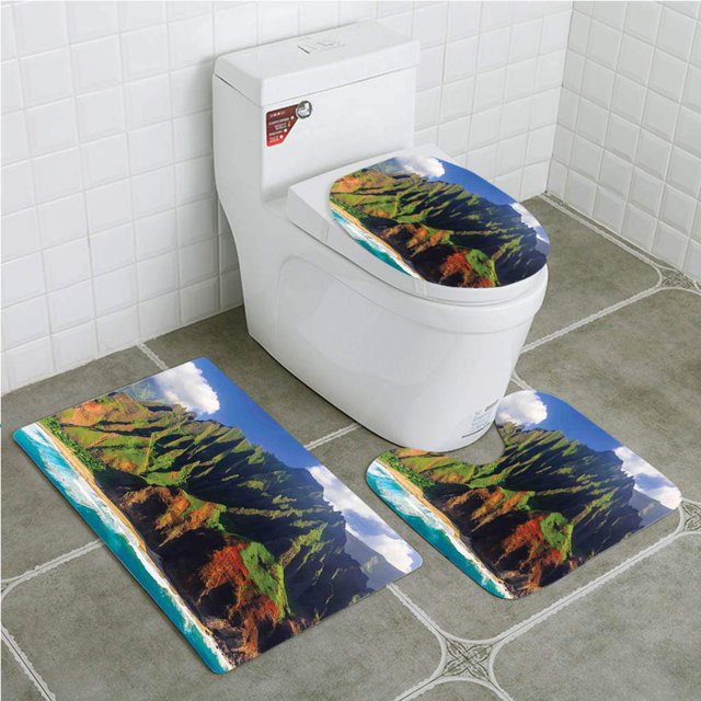 ABPHQTO Vista Aérea Hawaiana Costa Na Pali Kauai Hawai Acantilado Montaña Juego de alfombras de baño de 3 piezas Alfombra de baño Alfombra de contorno y tapa de inodoro