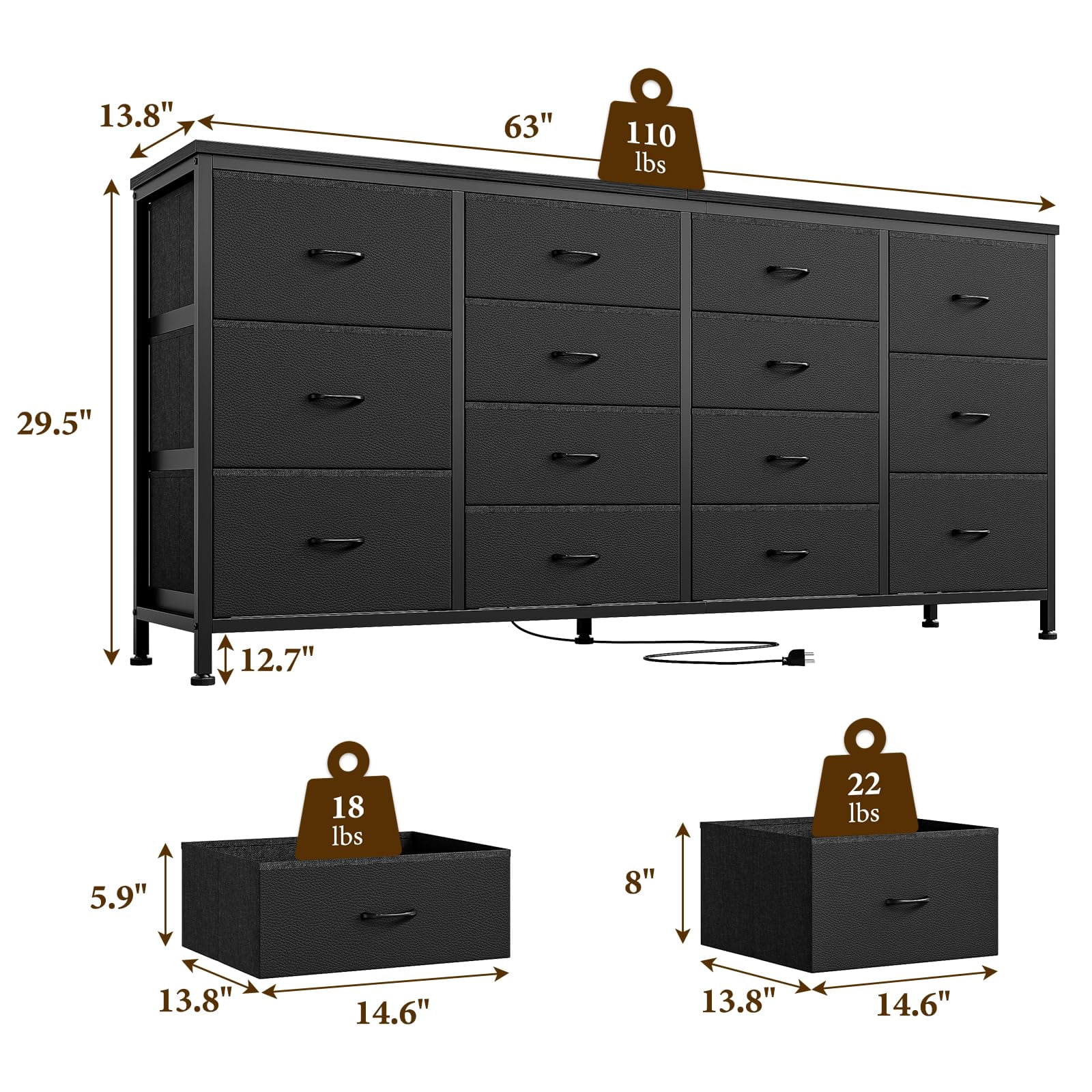 Dresser TV Stand with Charging Station for 65 70 75 Inch TV Stand for Bedroom with 14 Drawers Long Dresser for Bedroom Entertainment Center with Storage Fabric Dresser for Living Room