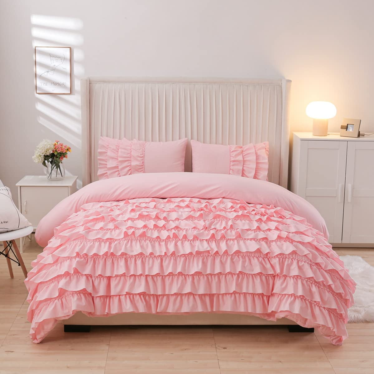 NTBED Ruffled Full Size Pink Comforter Set Casual Textured Chic Bedding Set for Girls Kids