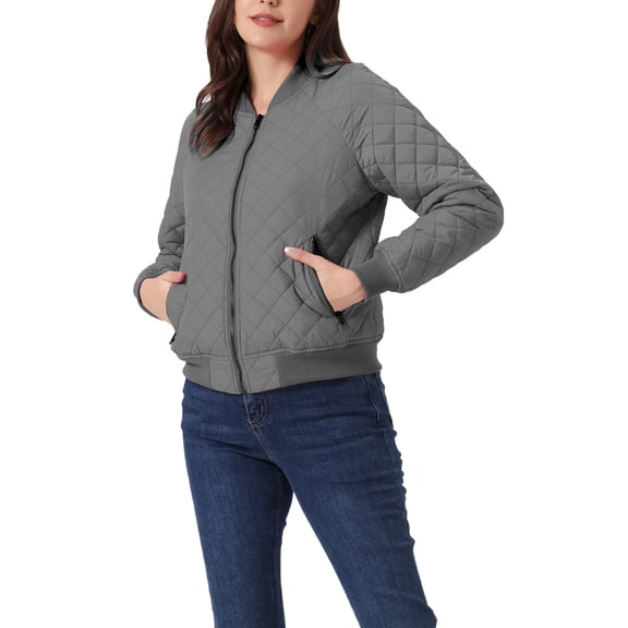 INSPIRE CHIC Women's Stand Collar Zip Up Raglan Sleeves Bomber Quilted Jacket XS Dark Gray