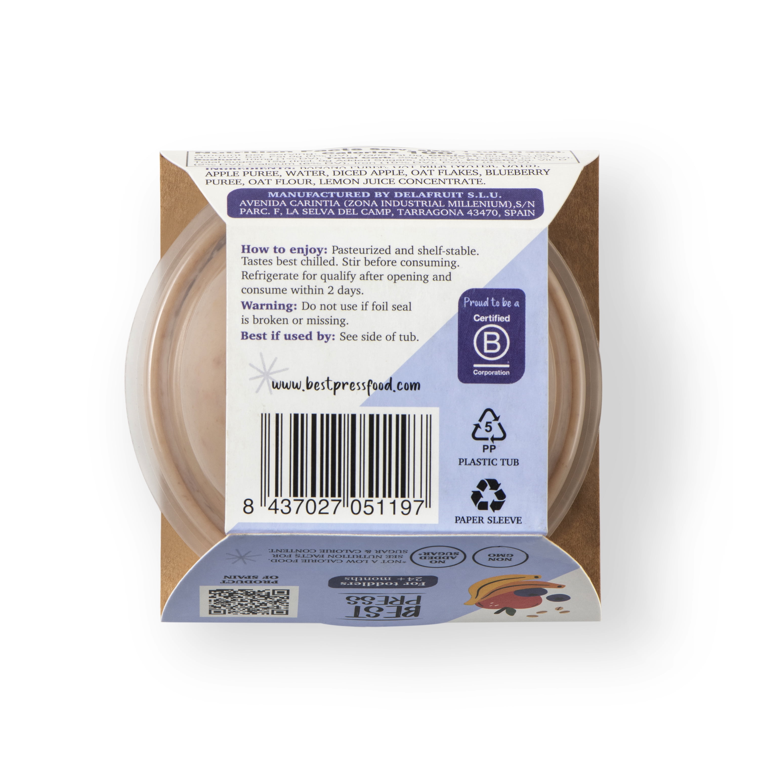 Best Press Toddler Food, Delicious Blueberry Overnight Oats, with Texture and Advanced Flavor Profile, 4.6oz or 130g, Clean Ingredient Profile, No Artificial Ingredients