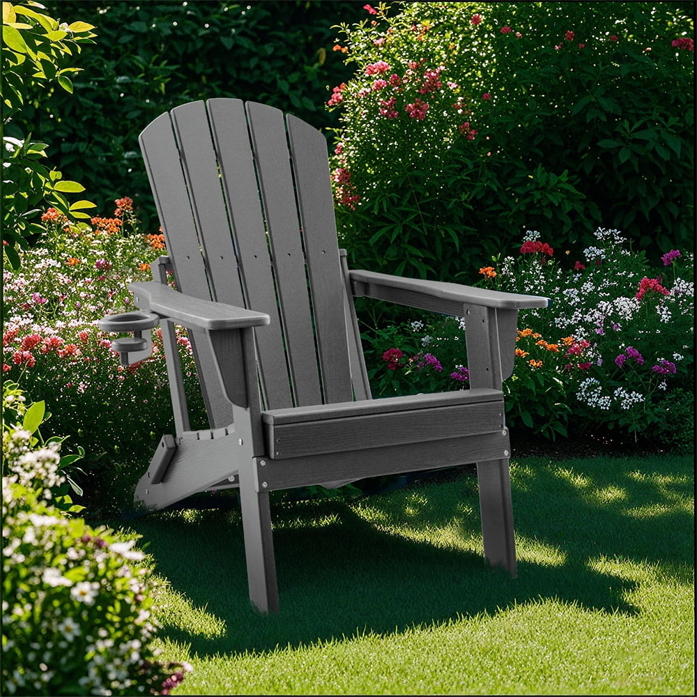 HDPE Folding Adirondack Chair with Cup Holder,Weather-Resistant, Low Maintenance,Supports up to 400lbs,Grey