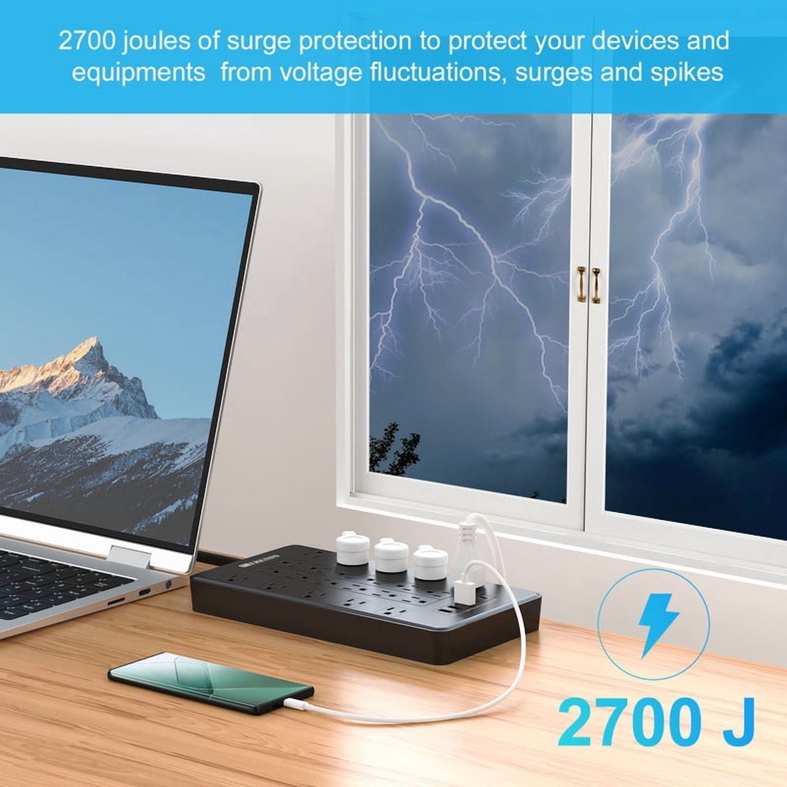 HITRENDS Power Bar, Flat Plug, 22 Outlets and 5 USB Ports, 2700 J, 6ft Extension Cord