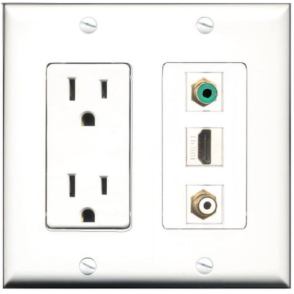 RiteAV - 15 Amp Power Outlet 1 Port HDMI 1 Port RCA White 1 Port RCA Green Decorative Wall Plate