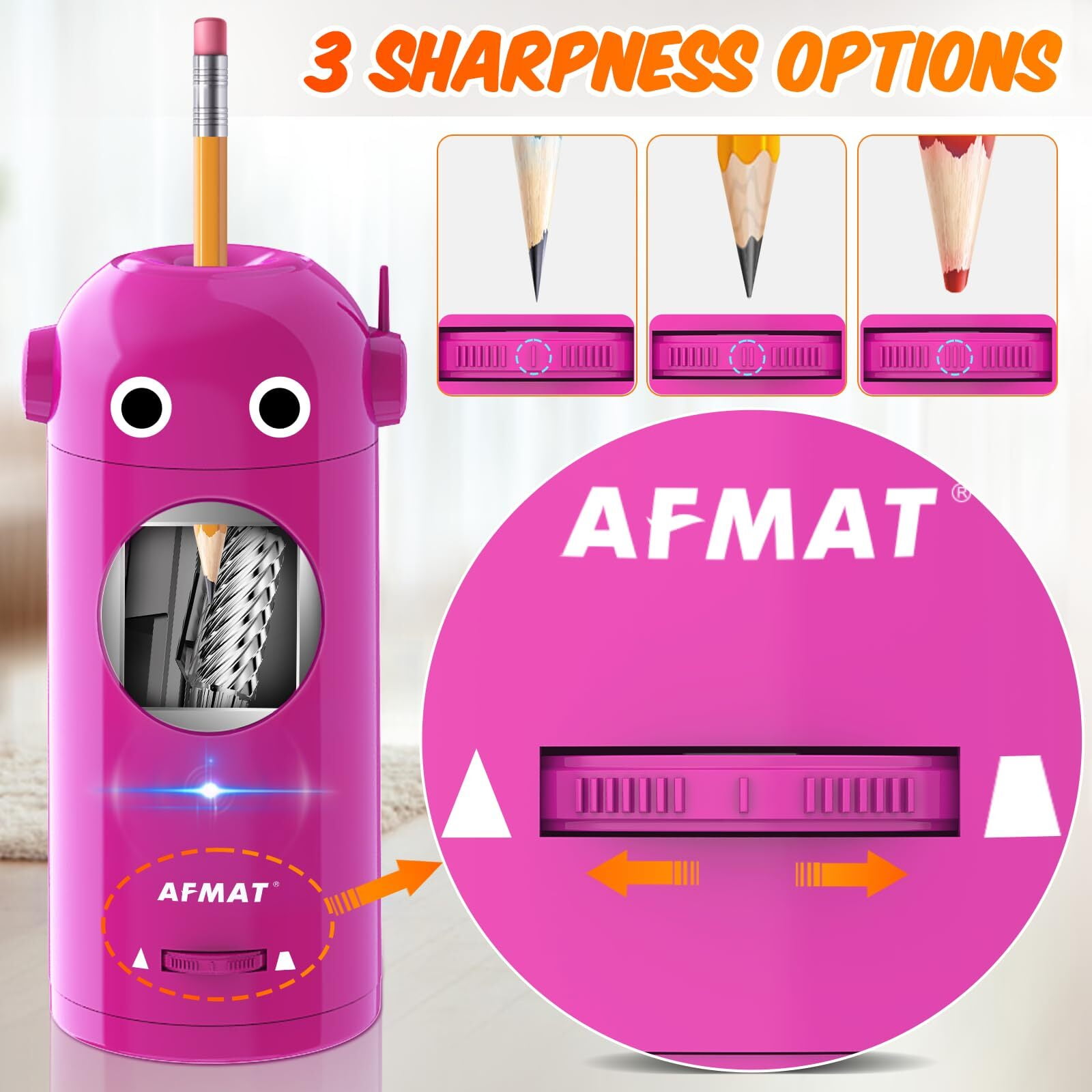 AFMAT Electric Pencil Sharpener,Auto in & Out, Fully Automatic Rechargeable Hands-Free Pencil Sharpener, New,Purple,7.9"H