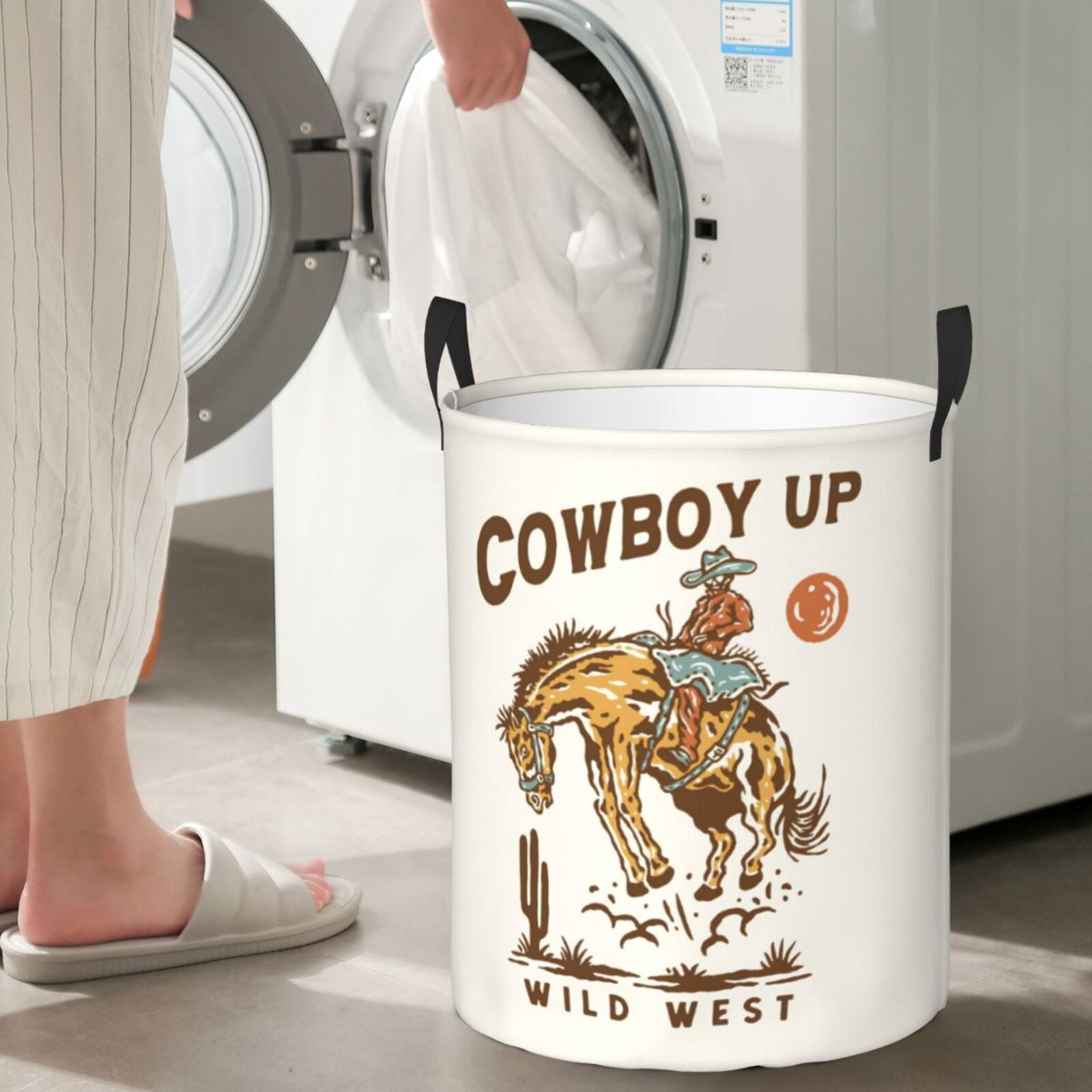 Large Laundry Basket with Handles - Cowboy Up Vintage Wild West Kids Baby Dirty Clothes Laundry Hamper for Bedroom Aesthetic