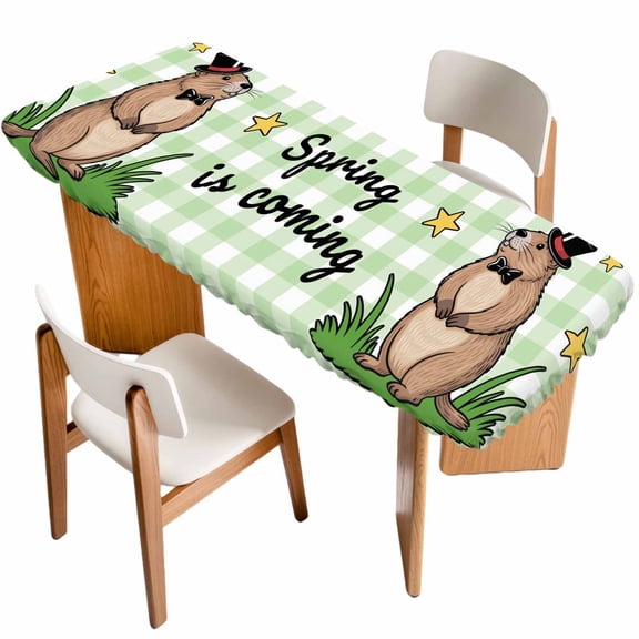 Groundhog Day Table Cloths for 8 Foot Rectangle Tables, Green Plaid Spring Botanical Star Yellow Patio Waterproof Elastic Fitted Tablecloths, Washable Rectangular Table Cover for Camping