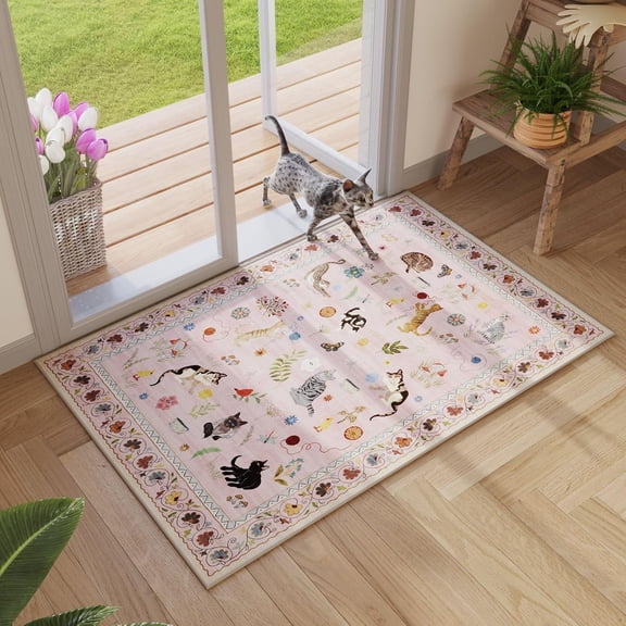 RLESO Door Mat Indoor Entrance 2X3 Rug Machine Washable Boho Floral Animal Cat Small Area Rug Non-Slip Low Pile Throw Rugs for Entryway Kitchen Front Door Indoor Entrance Kids Room,Pink