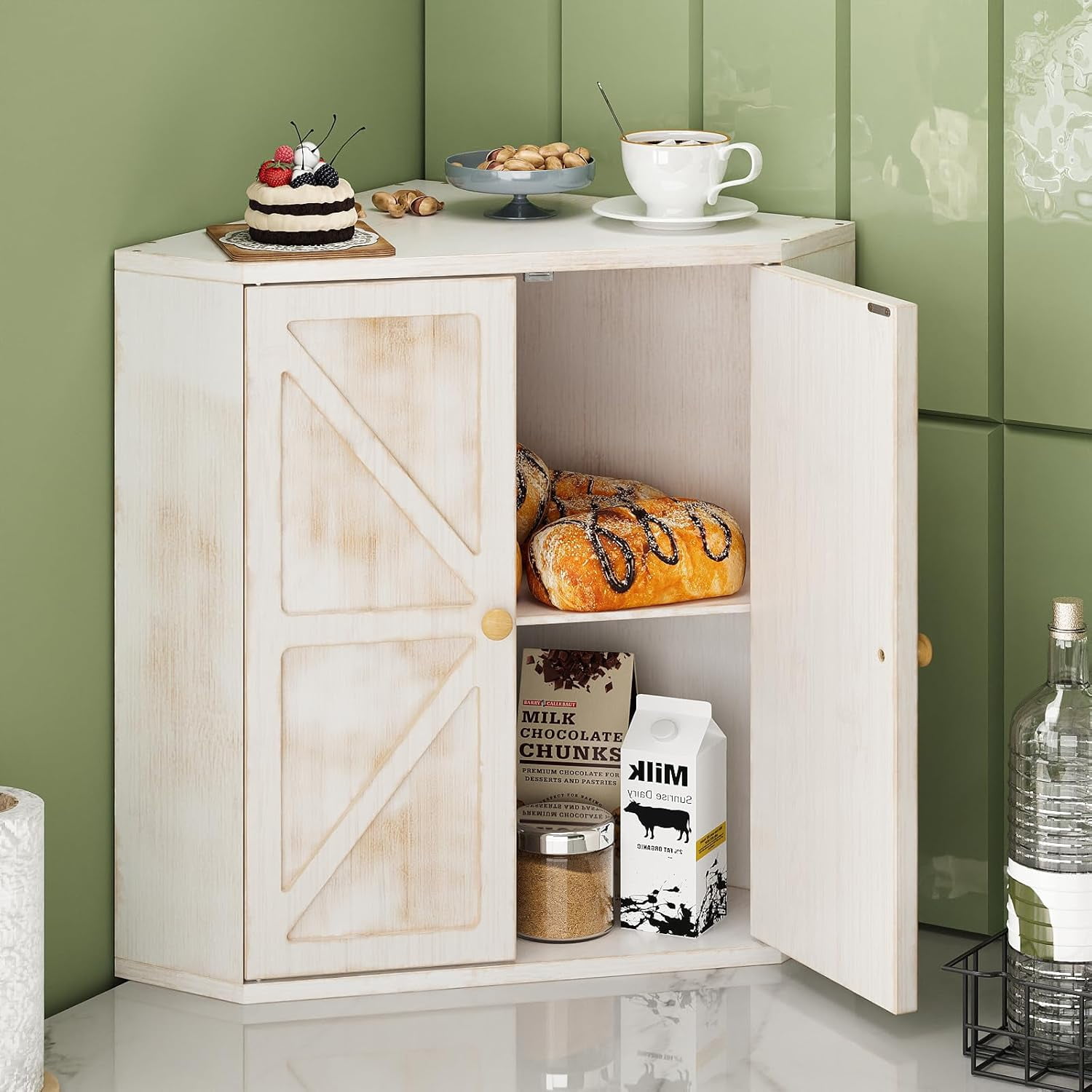 Rustic White Wood Corner Bread Boxes, Bread Storage Keeper