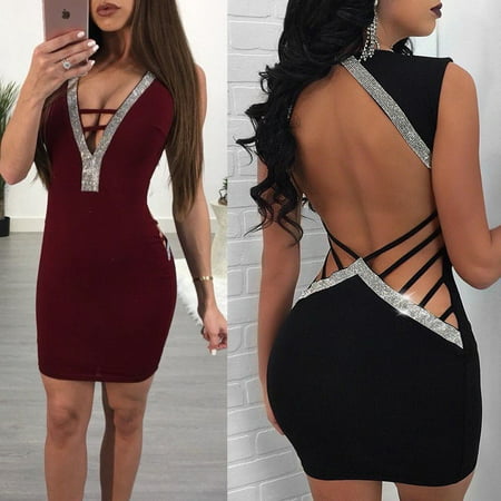 Sexy Women Backless Sequin Bandage Bodycon Dress Cocktail Evening Party Mini Dress Black/Wine Red S/M/L/XL