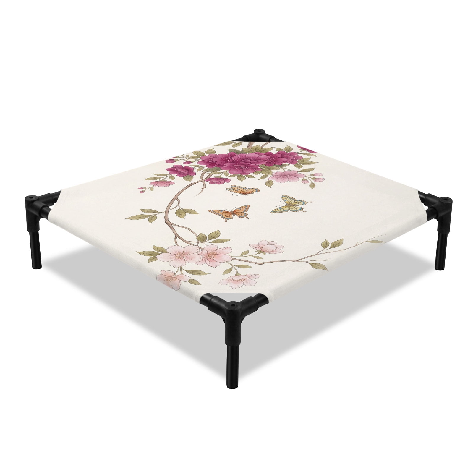 Spring Floral Elevated Dog Bed Watercolor Pink Peony Romantic Butterfly Cooling Breathable Outdoor Raised Dog Cot Bed with Metal Frame Non-Slip Feet for Small Dog 20x20in