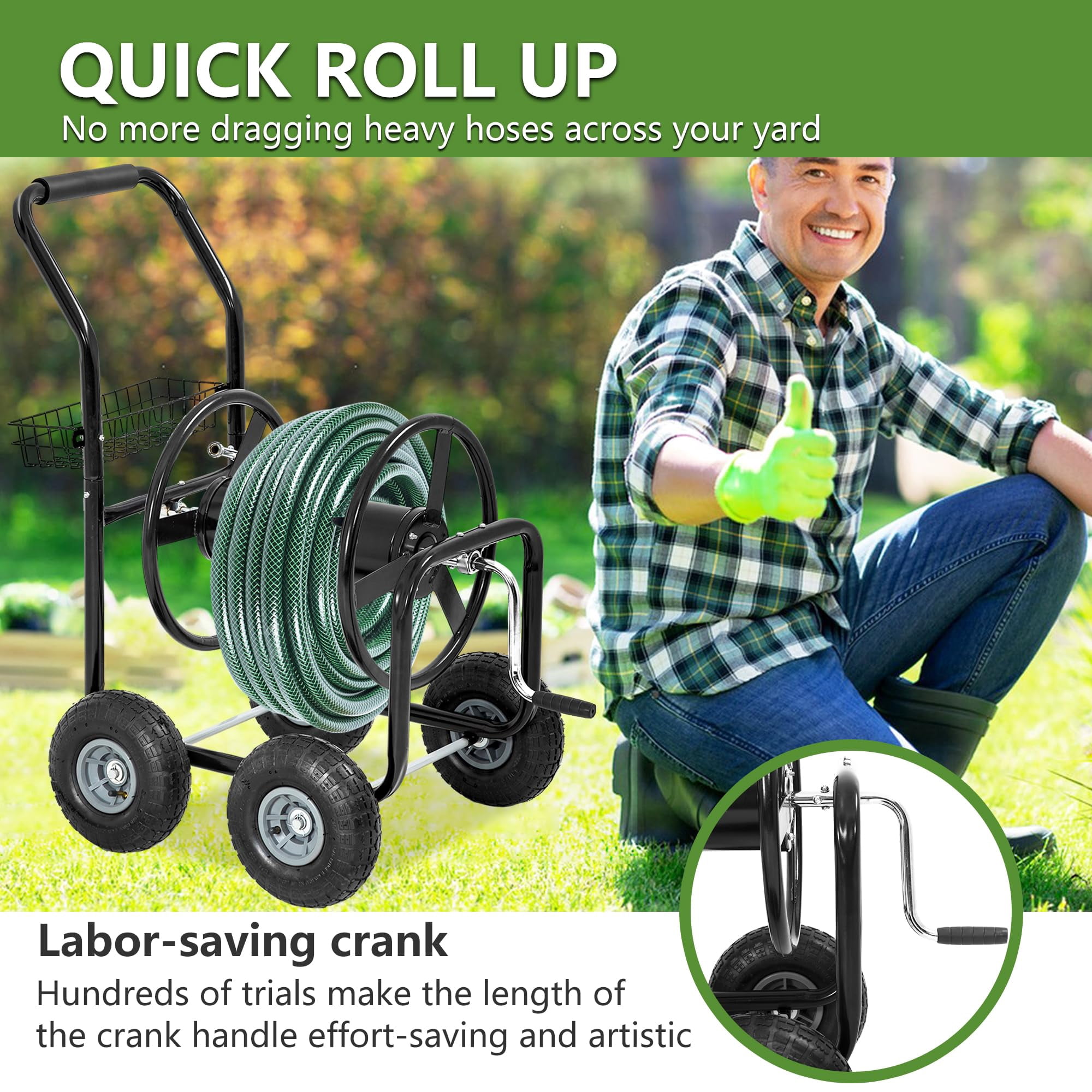 Hose Reel Cart, Hold Up To 300 Ft of 5/8" Hose, Garden Water Hose Carts Mobile Tools with Wheels and Storage Basket, Heavy Duty, for Garden, Yard, Lawn Outdoor Planting, Black