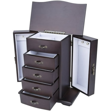 Jewelry Box Organizer - Cherry Wood Jewelry Organizer - Lift Top Cherry Wooden Jewelry Box Organizer in Brown