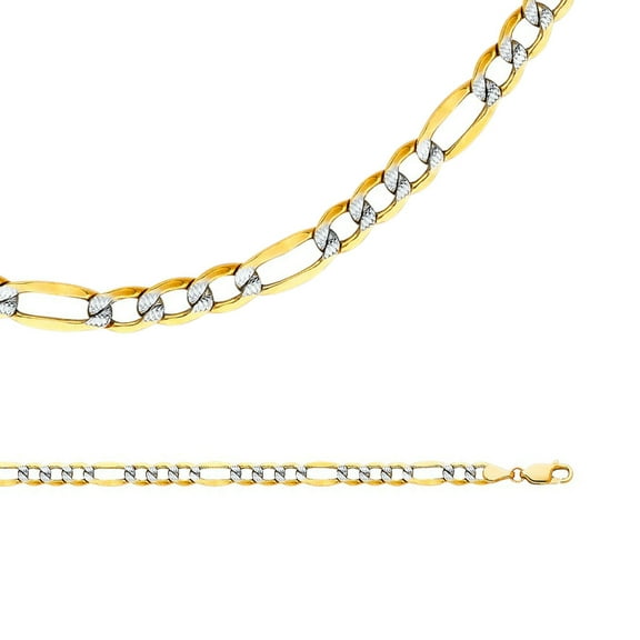Solid 14k Yellow White Gold Necklace Figaro Chain Pave Hollow Diamond Cut Two Tone 5 mm 20 inch