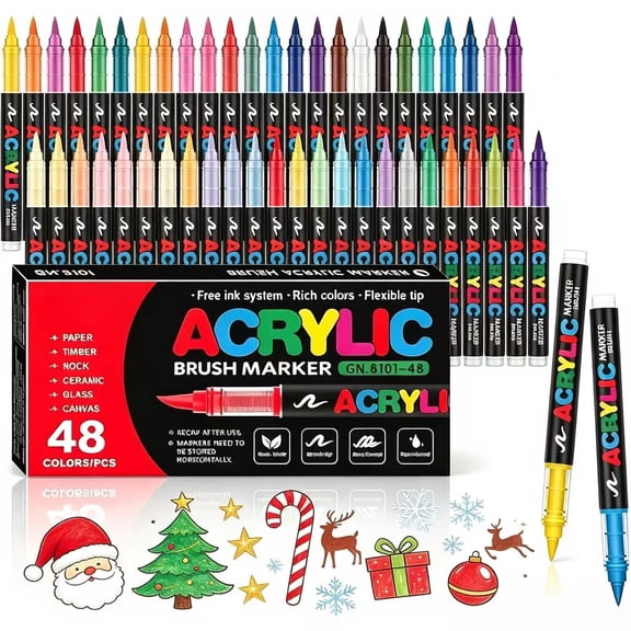 48 Color Acrylic Paint Markers Brush Tip, Panbear Vivid Colors with Direct-Liquid Ink Control System, Professional-Grade Paint Pen for Rock Painting, Canvas, Glass, Plastic, Fabric Creative Crafts