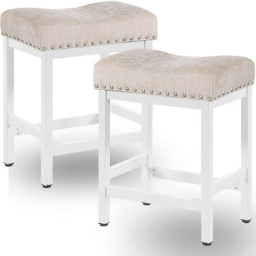Bar Stools Set of 2, Counter Height Bar Stool, Beige Fabric Saddle Barstools, Kitchen Island Stools with Nailhead, Matt Black Metal Legs