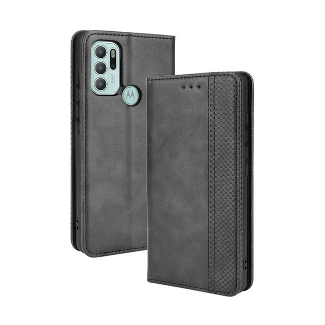 Compatible with Motorola Moto G60S Case Magnetic Closure Vintage Pattern PU Leather Wallet Cover with Card Slots-Black