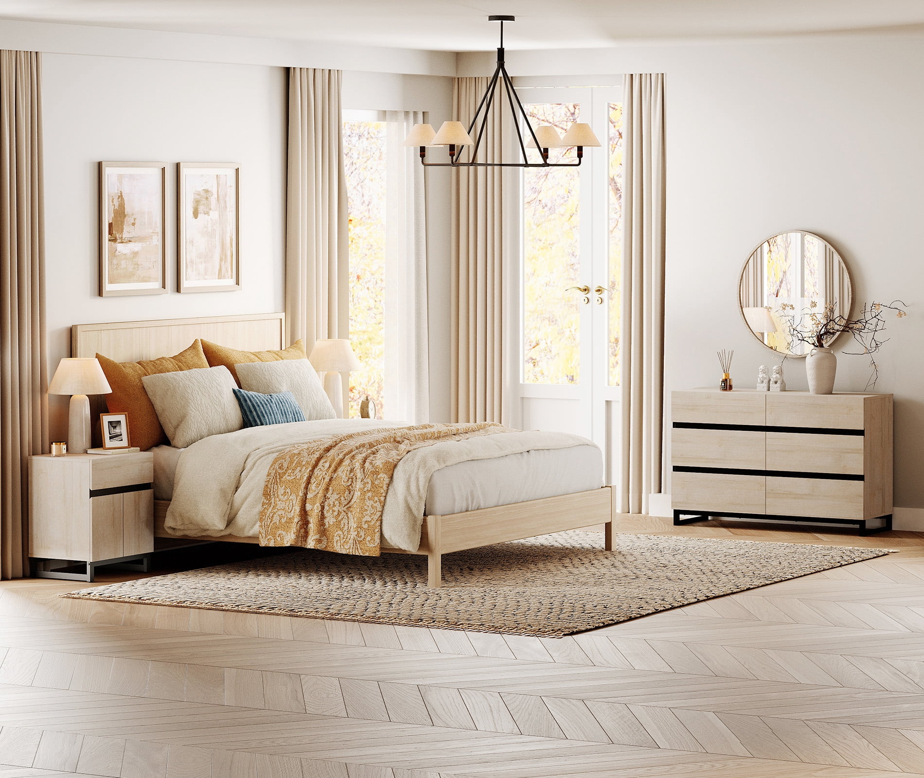 WAMPAT Modern 3-Piece Bedroom Furniture Set, 47 Inch Dresser with 6 Drawers & 2 Nightstands with Drawer and Cabinet Design, Beige
