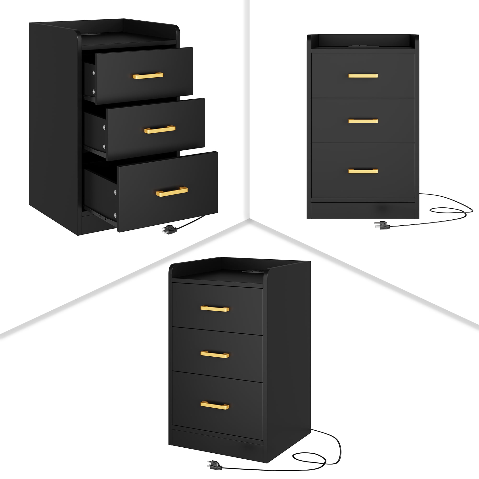 Homfa Nightstand with Charging Station, 3 Drawers Nightstand for Bedroom, Modern Storage Cabinet for Living Room, Black