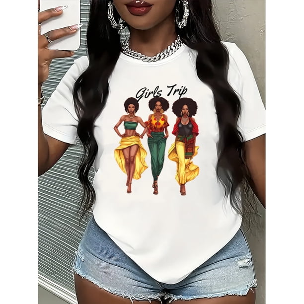 Women'S Casual Crew Neck T-Shirt with Girls Trip Drawing - Cotton Knit Fabric, All Season Short Sleeve Top