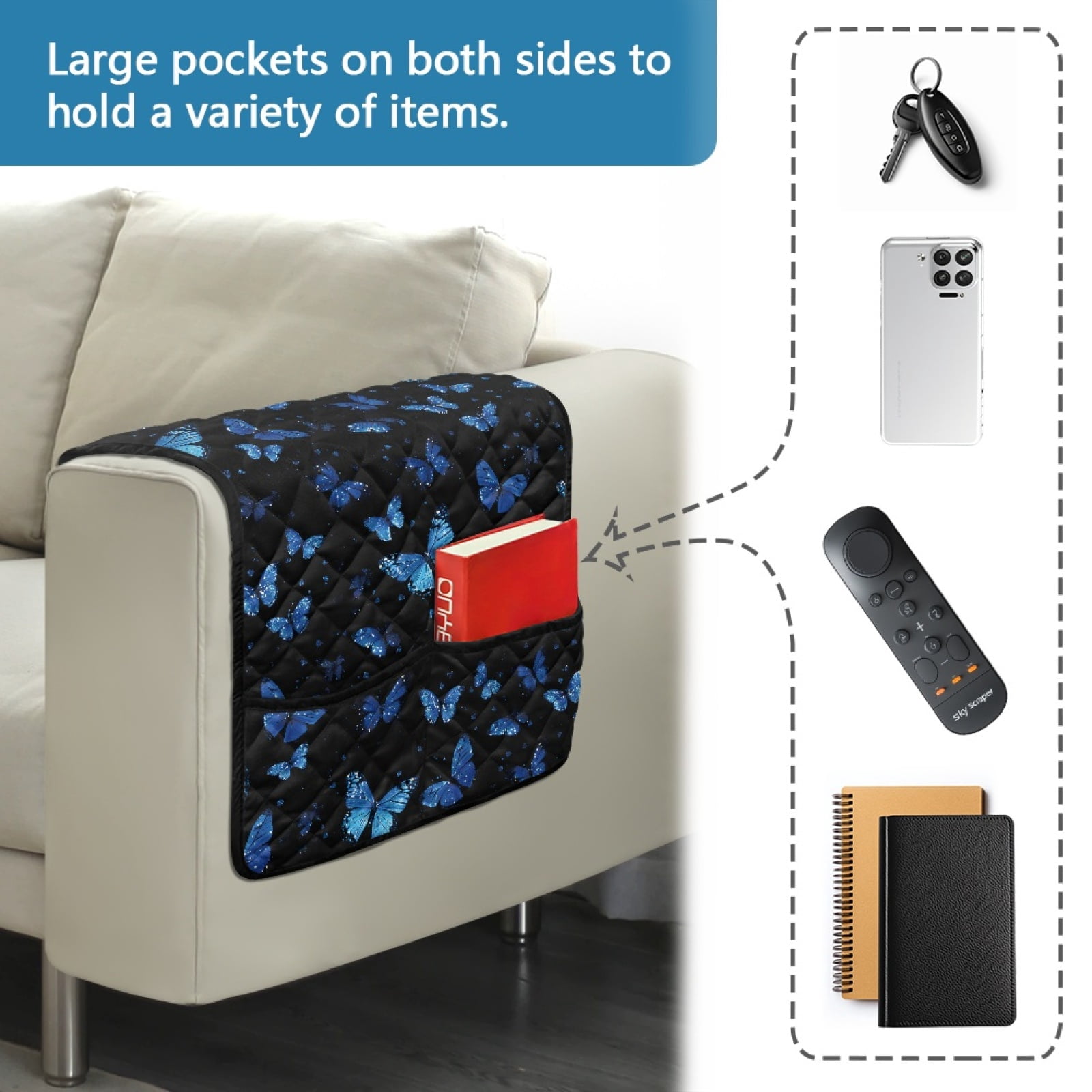 TSOVTHRID Blue Butterfly Glitter Print Sofa Armrest Cover Washable Armchair Slipcovers with Side Storage Pocket Couch Arm Protector Non-Slip Chair Arm Covers