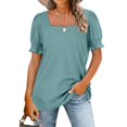 thumbnail image 2 of Squared Neck Shirred Top Puff Short Sleeve Pure Color Polyester Fiber Women's Blouse Top for Dating Pea Green XXL, 2 of 5