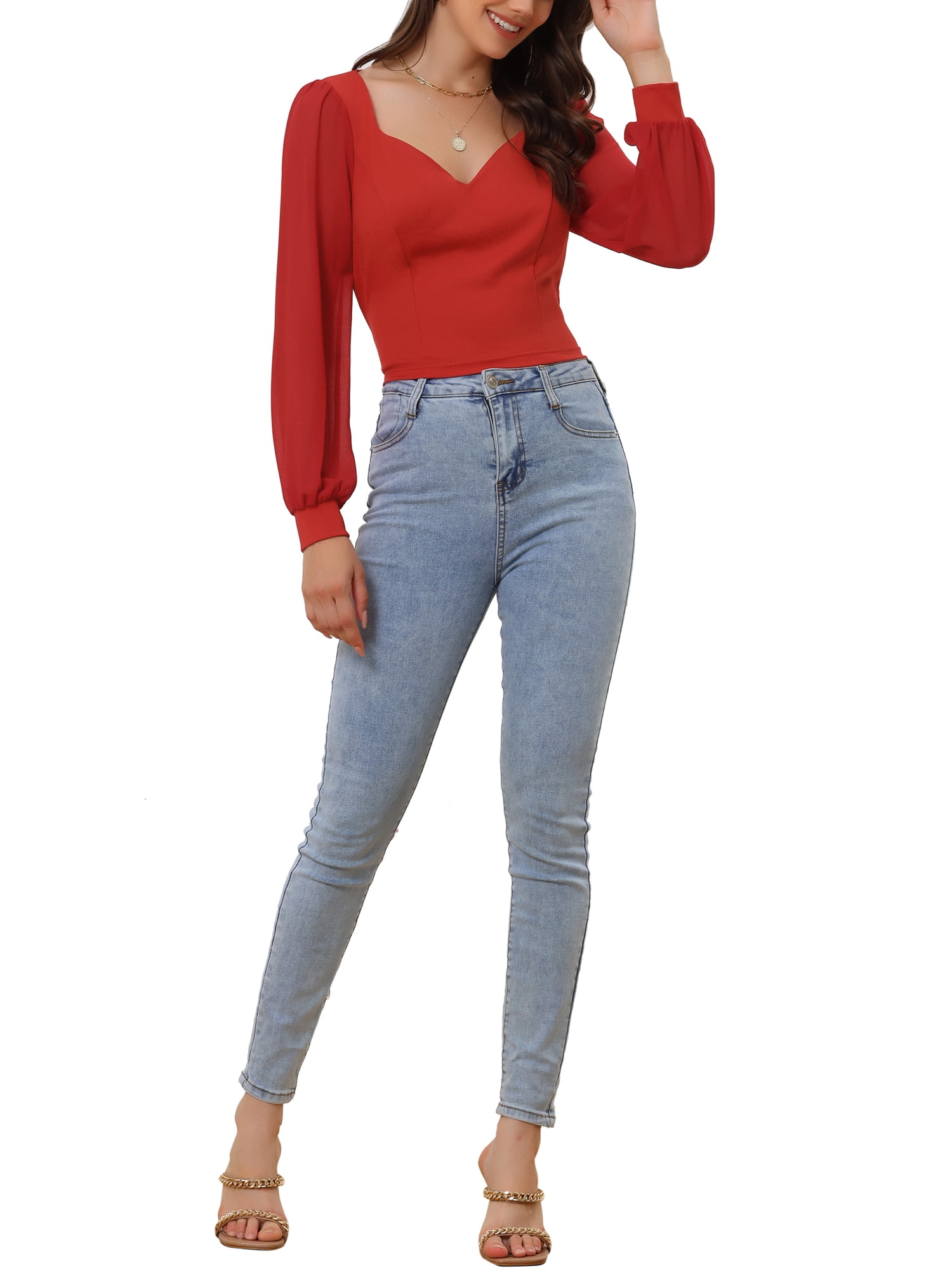 Unique Bargains Women's Tie Back Long Sleeve Banded Cuff Sexy Sweetheart Neck Blouse