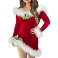 thumbnail image 2 of Women Christmas Cosplay Dress Furry Trim Patchwork Dress Fluffy Feather Off Shoulder Bodycon Dress Sexy Santa Costume, 2 of 7
