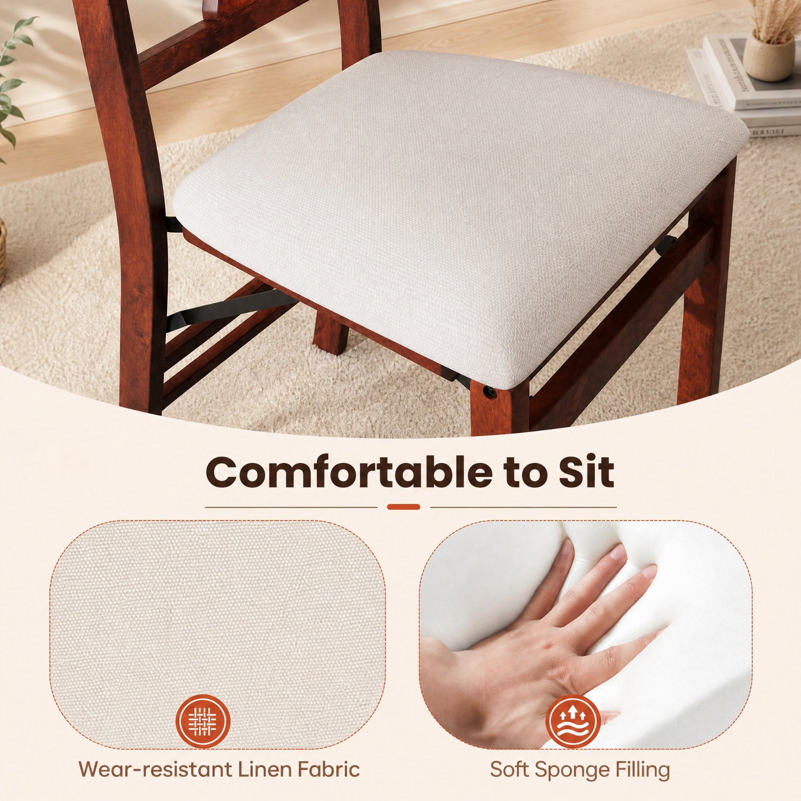 Furnibear Folding Chairs Set of 2 Upholstered Dining Chairs with Comfy Padded Seats for Kitchen Dining Room Living Room Home, Brown
