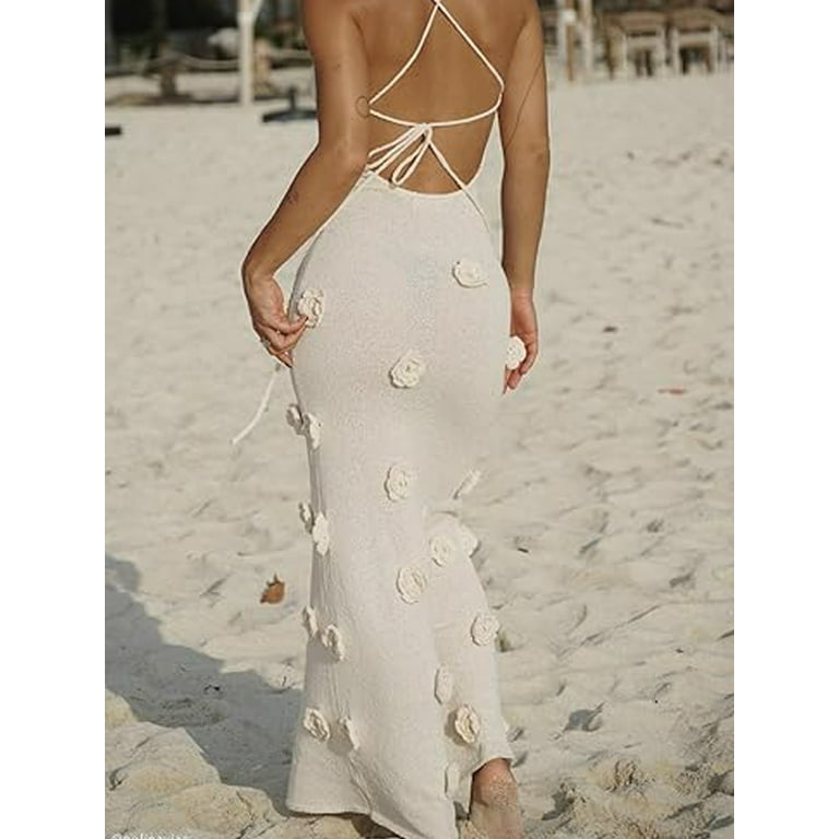Women Crochet Knit Maxi Dress Y2K 3D Floral Bodycon Long Dress Spaghetti Strap Open Back Cami Dress Beachwear Walmart