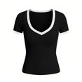thumbnail image 5 of idosla Women's Ribbed V Neck Short Sleeve T-Shirts Slim Fit Stretchy Basic Tee Tops Summer Casual Soft Tops for Daily Wear (Black, L), 5 of 7