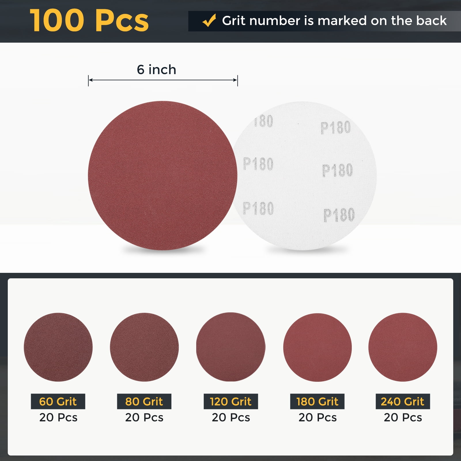 100 Pcs 6 Inch Sanding Disc 60/80/120/180/240 Grit Hook and Loop Sandpaper Random Orbital Sander Pads for Woodworking Automotive