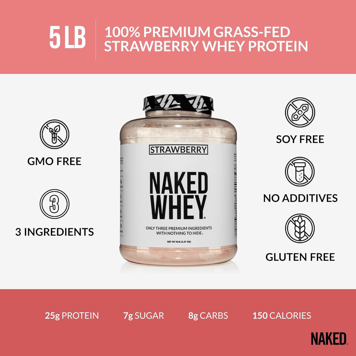 NAKED Strawberry Whey Protein - All Natural Grass Fed Whey Protein Powder + Dried Strawberries + Coconut Sugar- 5lb Bulk, GMO-Free, Soy Free, Gluten Free. Aid Muscle Growth & Recovery - 61 Servings