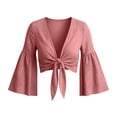 thumbnail image 7 of Cmfcve Women's Tie Front Crop Cardigans Long Bell Sleeve Cotton Linen Shrugs Casual Summer Beach Cover Ups, 7 of 7