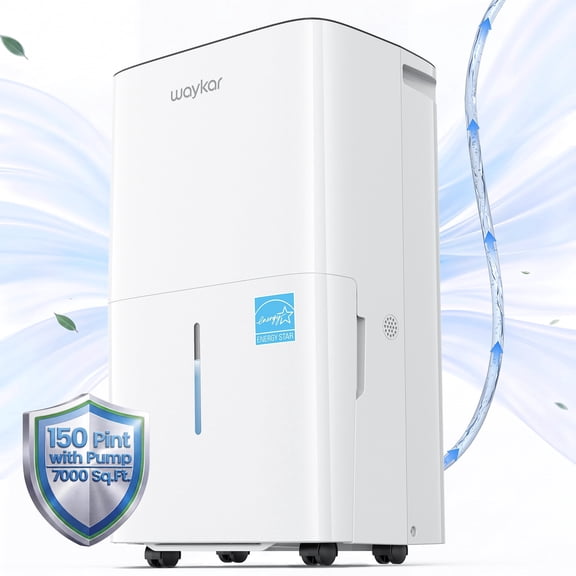 Waykar 7000 Sq. Ft. 150 Pint Dehumidifier with Built-in Pump, No Daily Emptying, Continuous Auto Drain for Basements & Whole House, 50 Pint DOE, Auto Defrost