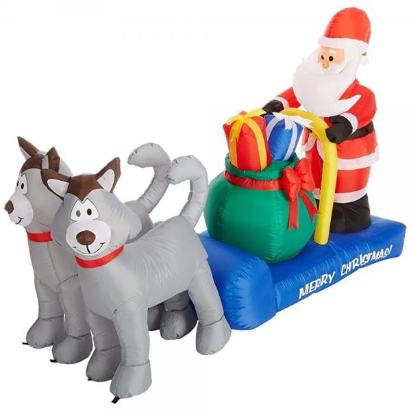 7 Foot Long Christmas Inflatable Santa Claus on Sleigh with Husky