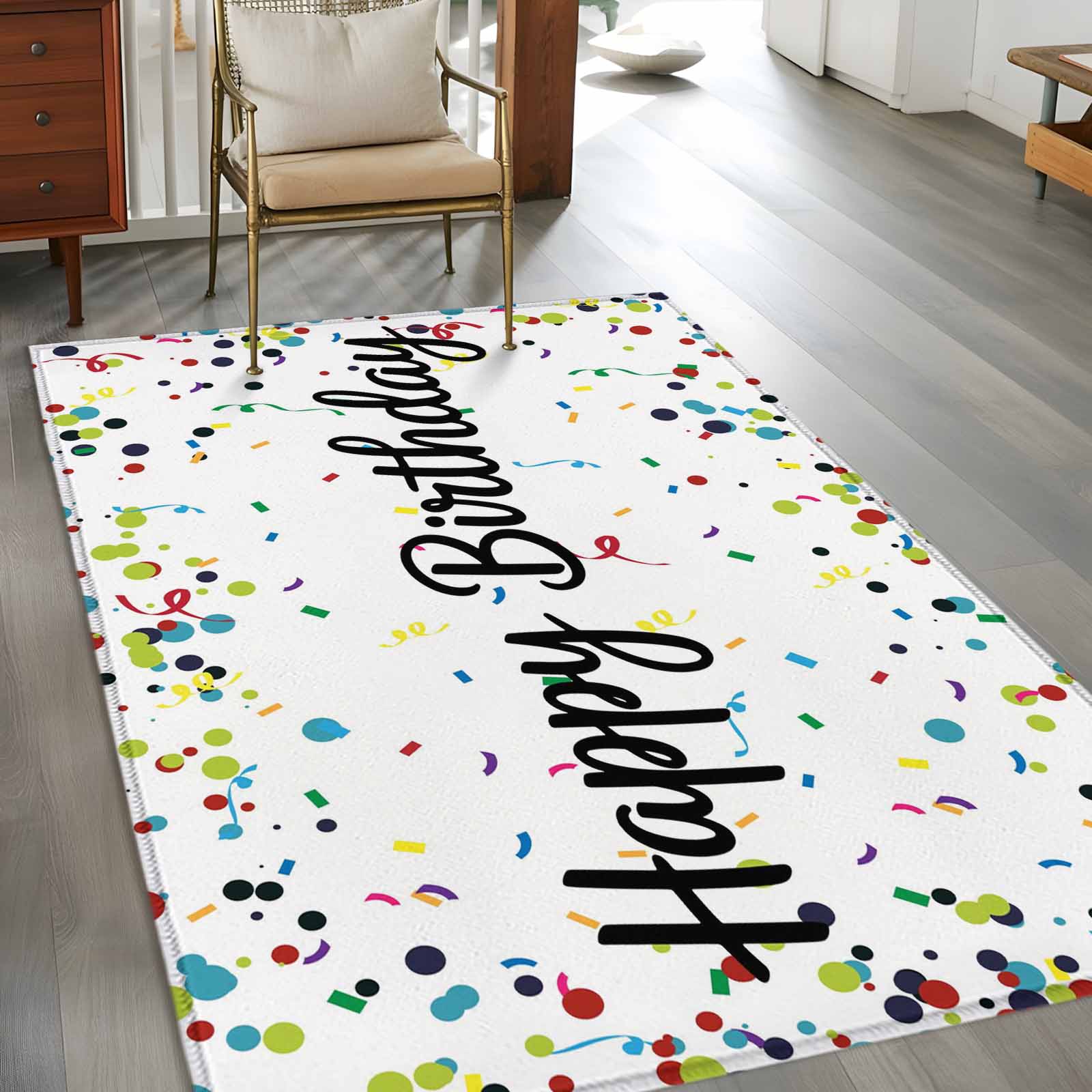 White Birthday Large Area Rugs for Bedroom Living Room, Non Slip Carpet Bedside Rug, Colorful Confetti Ribbons Polka Dots Classroom Rectangular Floor Cover Kitchen Accent Rug 3'x5' for Office