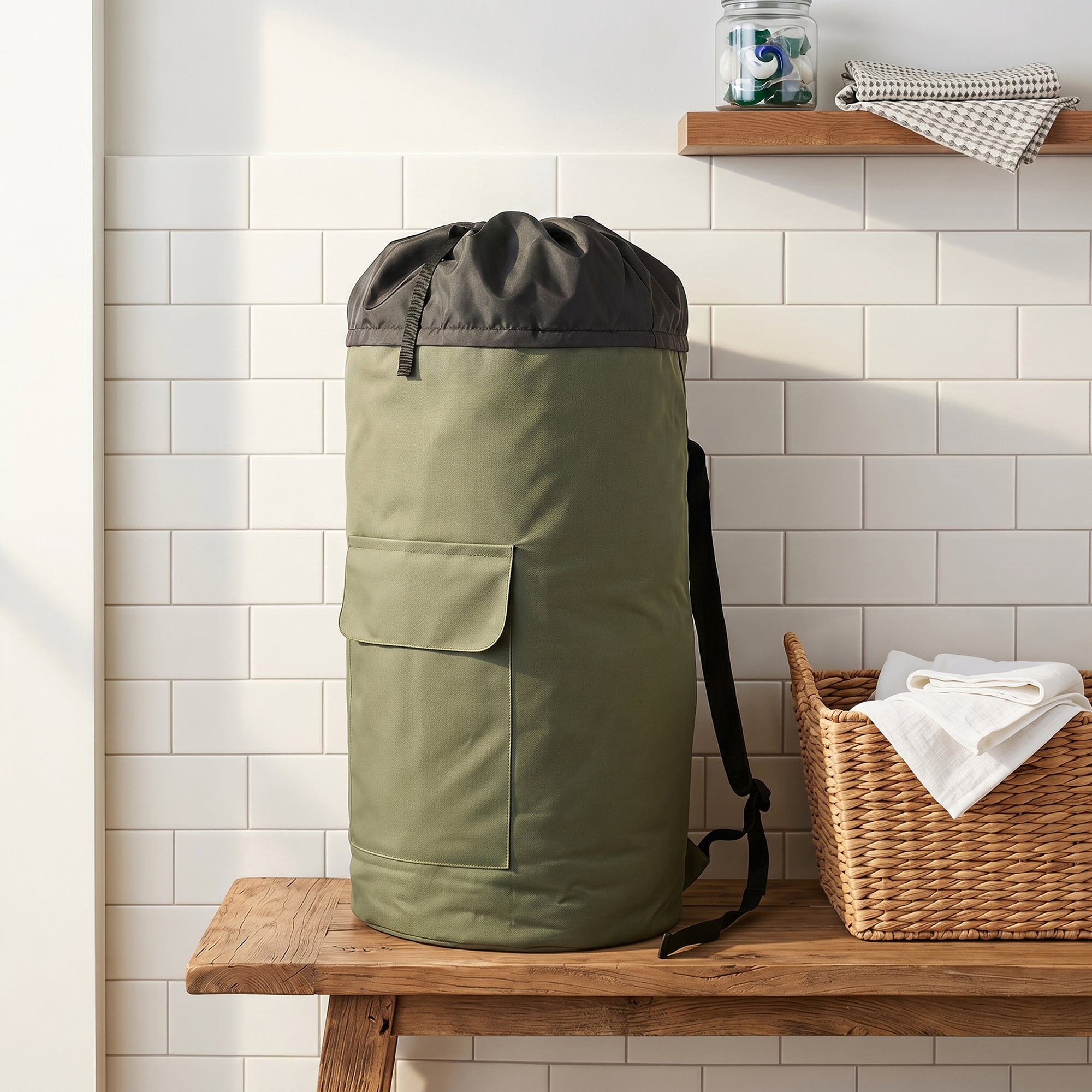 Unique Bargains Laundry Backpack Large Dirty Clothes Hamper Bag with Pocket Green 15"x28"