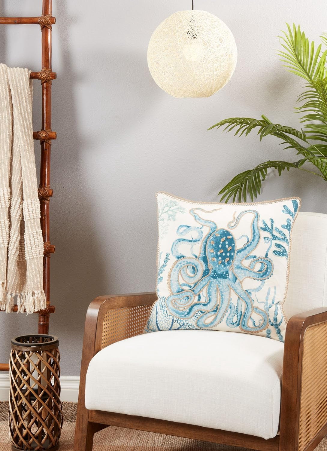 Fennco Styles Sea Animals Octopus Cotton Decorative Throw Pillow Cover 20" W x 20" L – Aqua Nautical Sea Creatures Cushion Case for Couch, Sofa, Bedroom, Office and Living Room Décor
