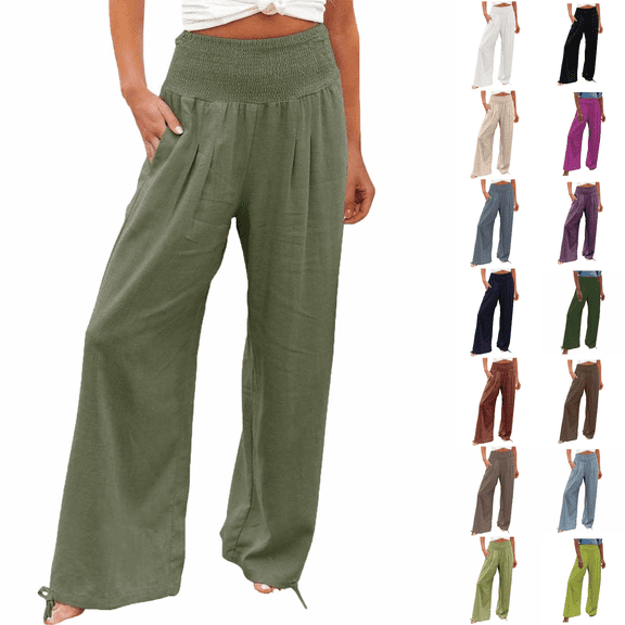 MELDVDIB Womens Linen Pants High Waist Wide Leg Beach Pants Casual Palazzo Pants Lounge Trousers