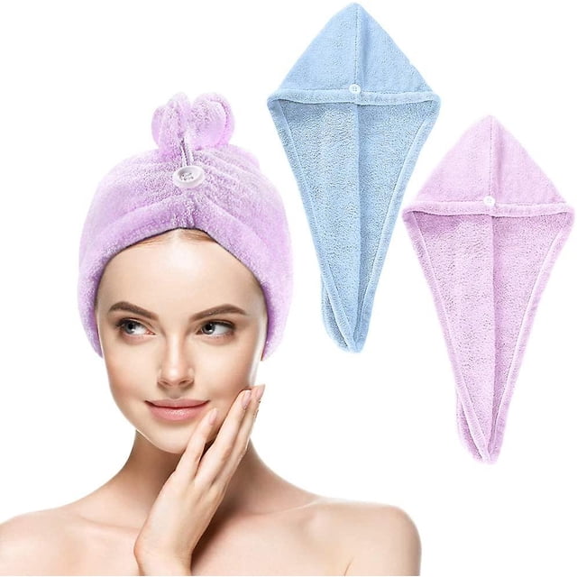 Toallas para secar el cabello, toalla de microfibra, juego de turbante para el cabello, envoltura para el cabello súper absorbente con diseño de botones, azul, púrpura, 2 piezas JAMW Sencillez